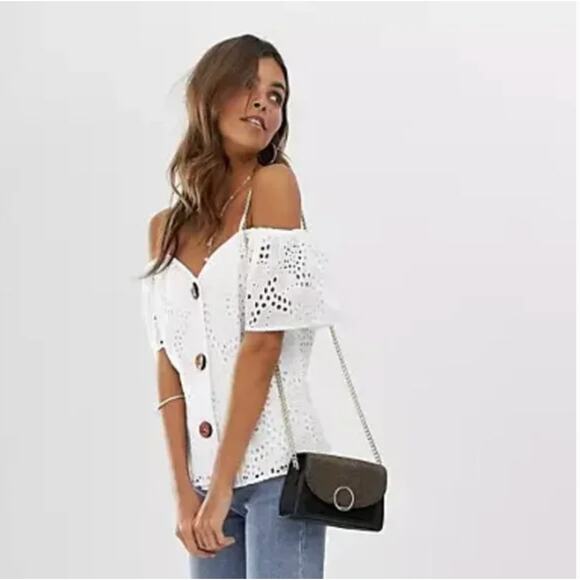 NWT ASOS Eyelet Off-Shoulder Top Rust Peasant Boho Cottagecore Sz 4 - Picture 3 of 9